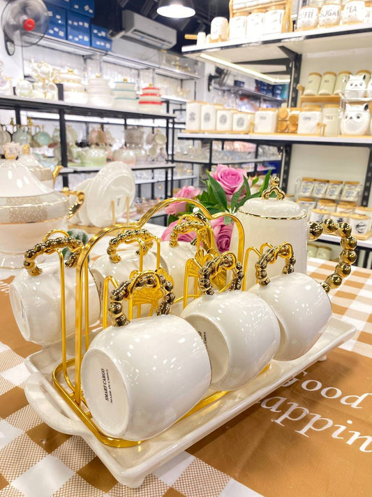 White Porcelain Serving Set with Elegant Gold Band