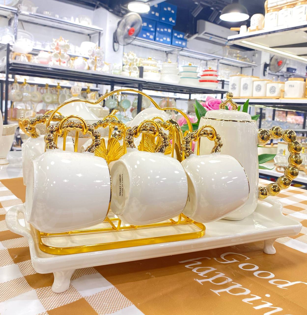 White Porcelain Serving Set with Elegant Gold Band